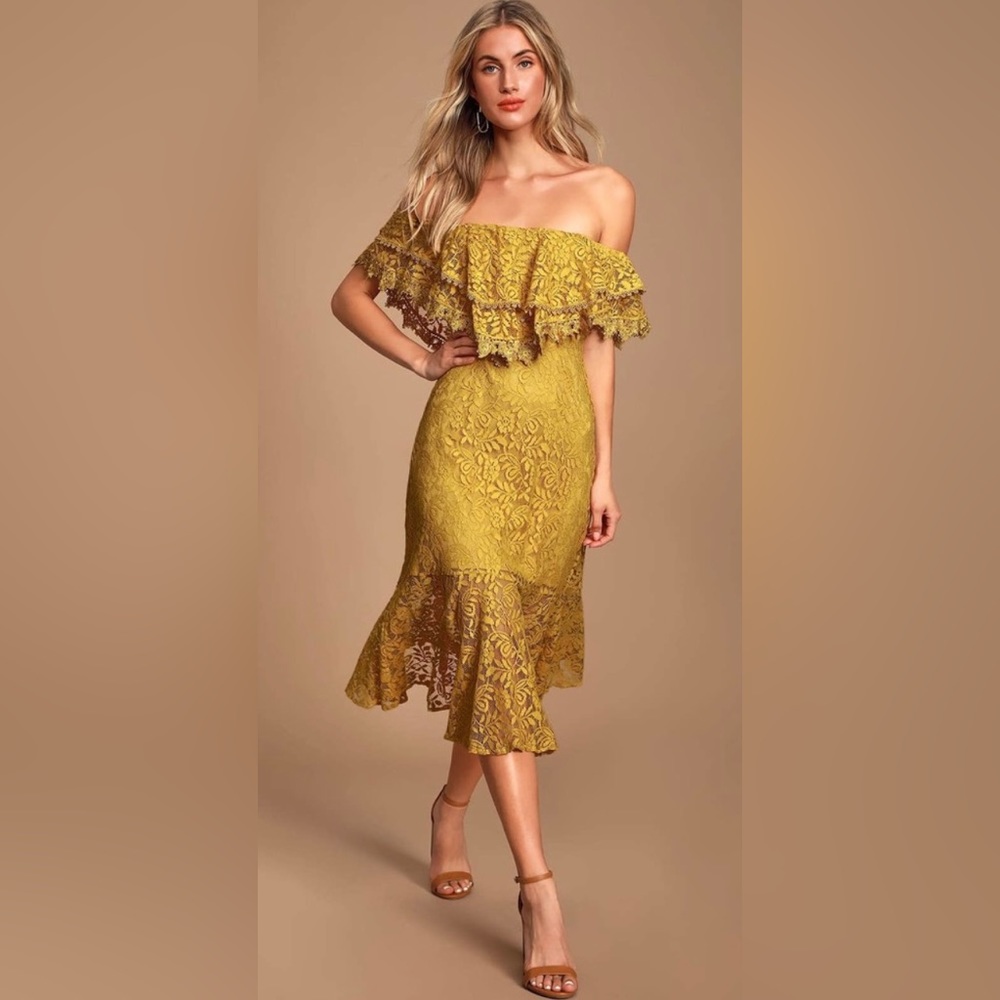 NWT Lulu's Jaclyn Golden Yellow Lace Off-TheShoulder Midi Dress